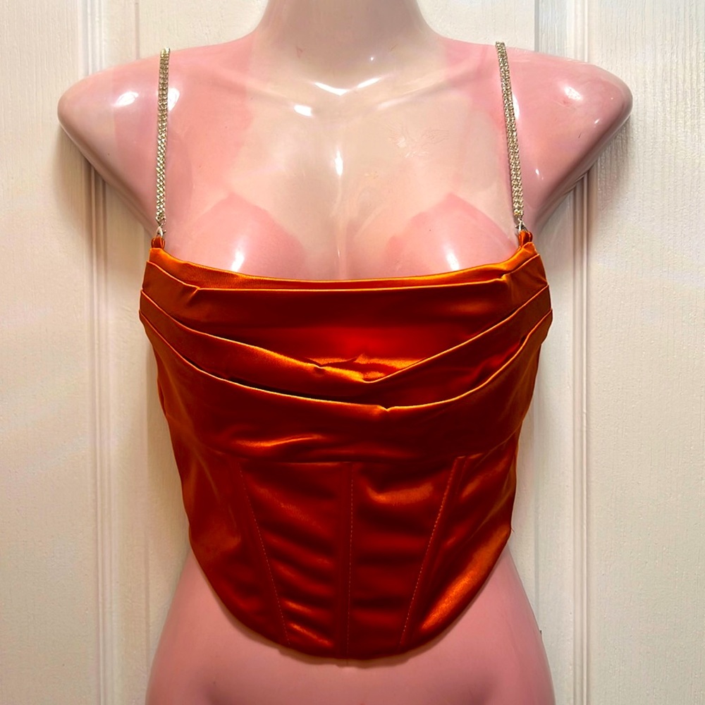 Orange Satin Corset Top with Rhinestone Straps